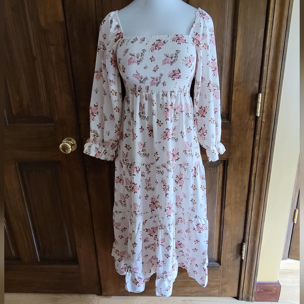 Shein Sz S Cream Pink Brown Dress W 22 P2P 22 L 34